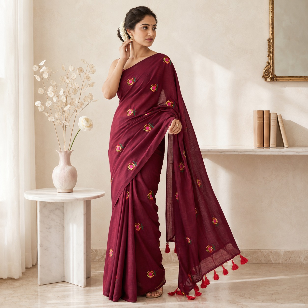 Ivory Leaf Print Mul Cotton Saree