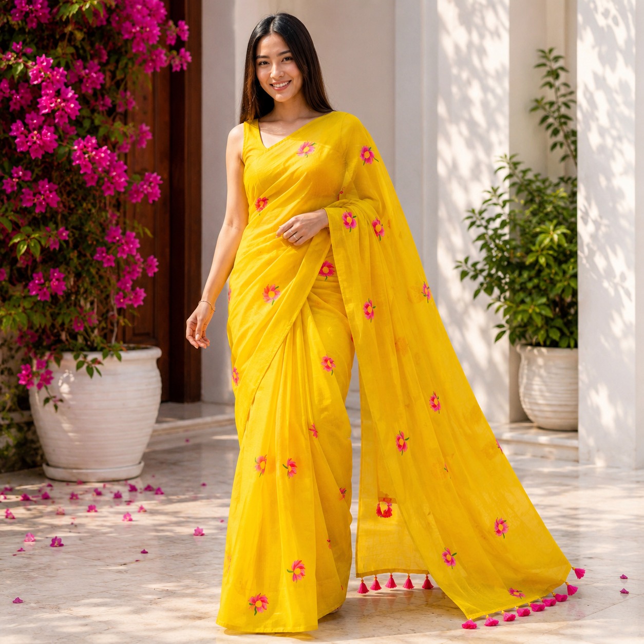 Rust Striped Mul Cotton Saree