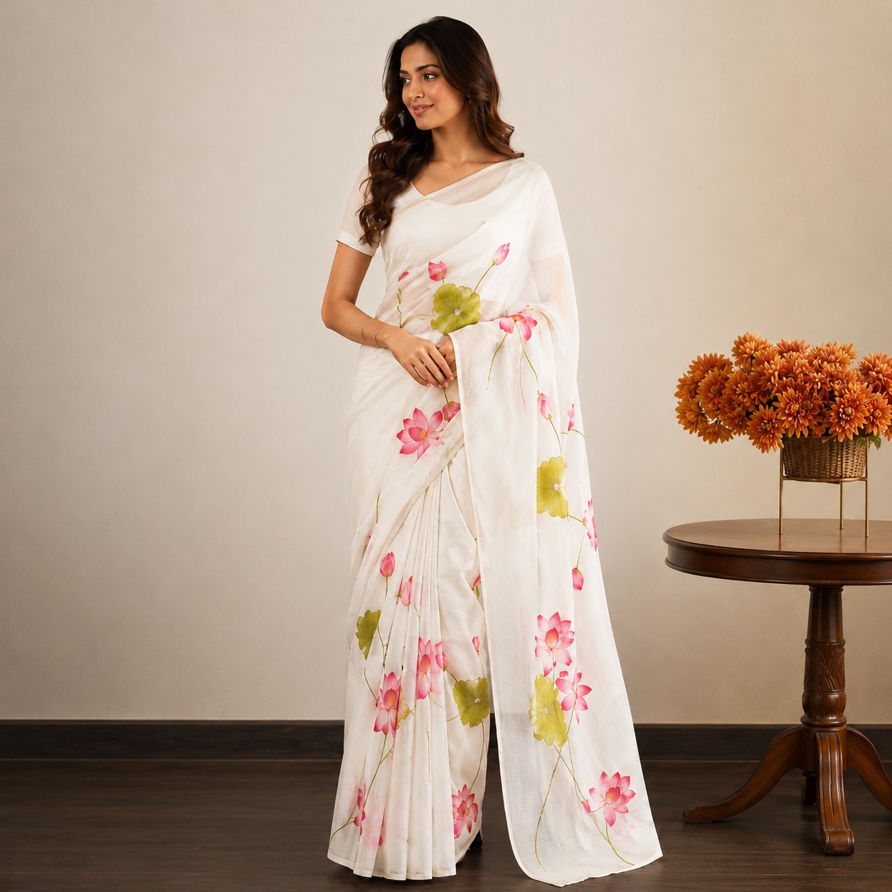 Cotton Linen Hand Painted Saree